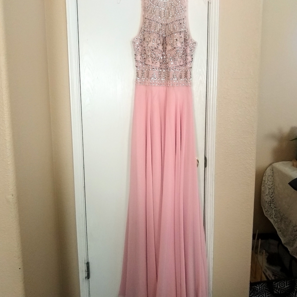 Heavily Beaded Pink & Silver Illusion High Neck, Backless, A-line Formal Gown